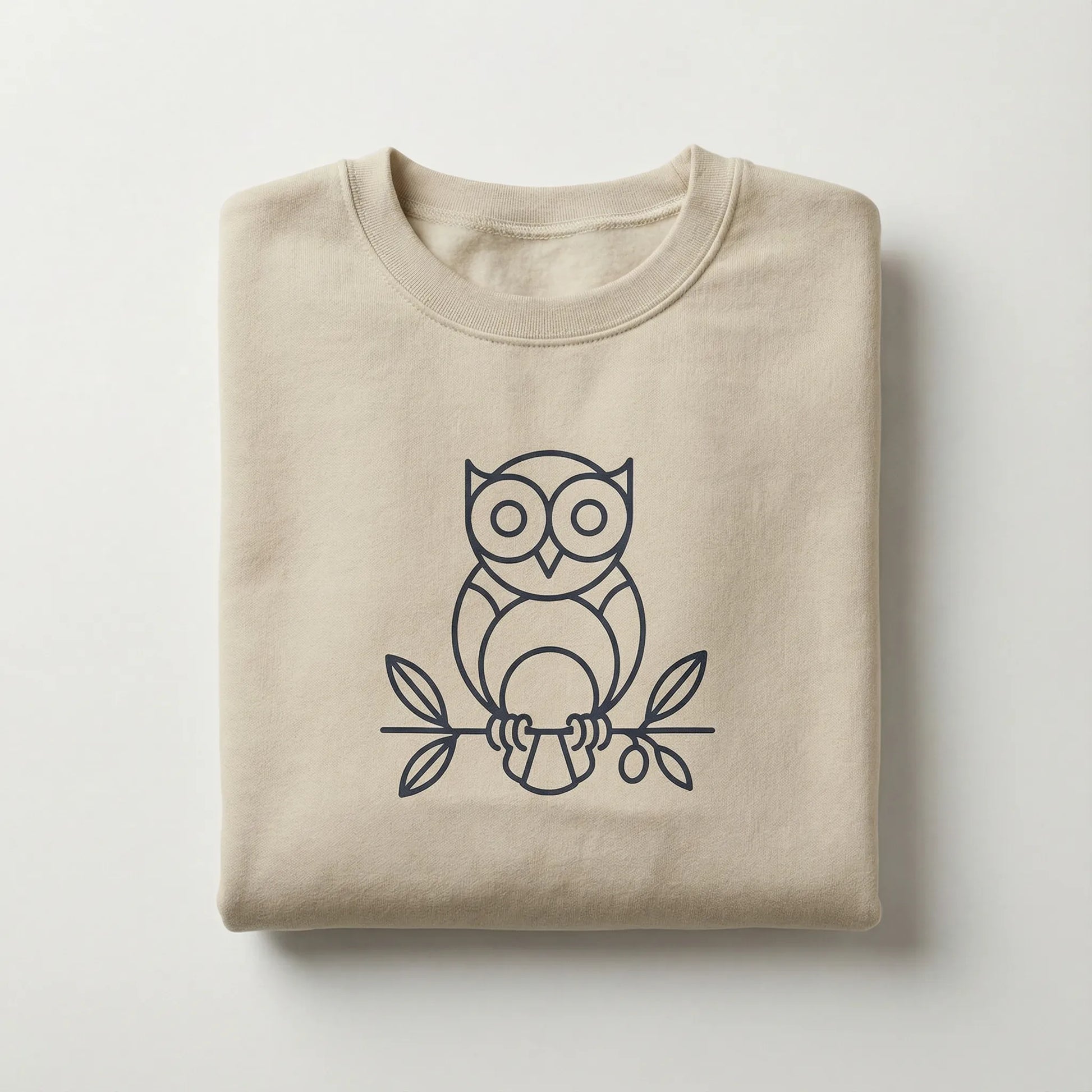 Folded Owl ‘Wisdom’ sweatshirt with minimalist owl motif visible on top