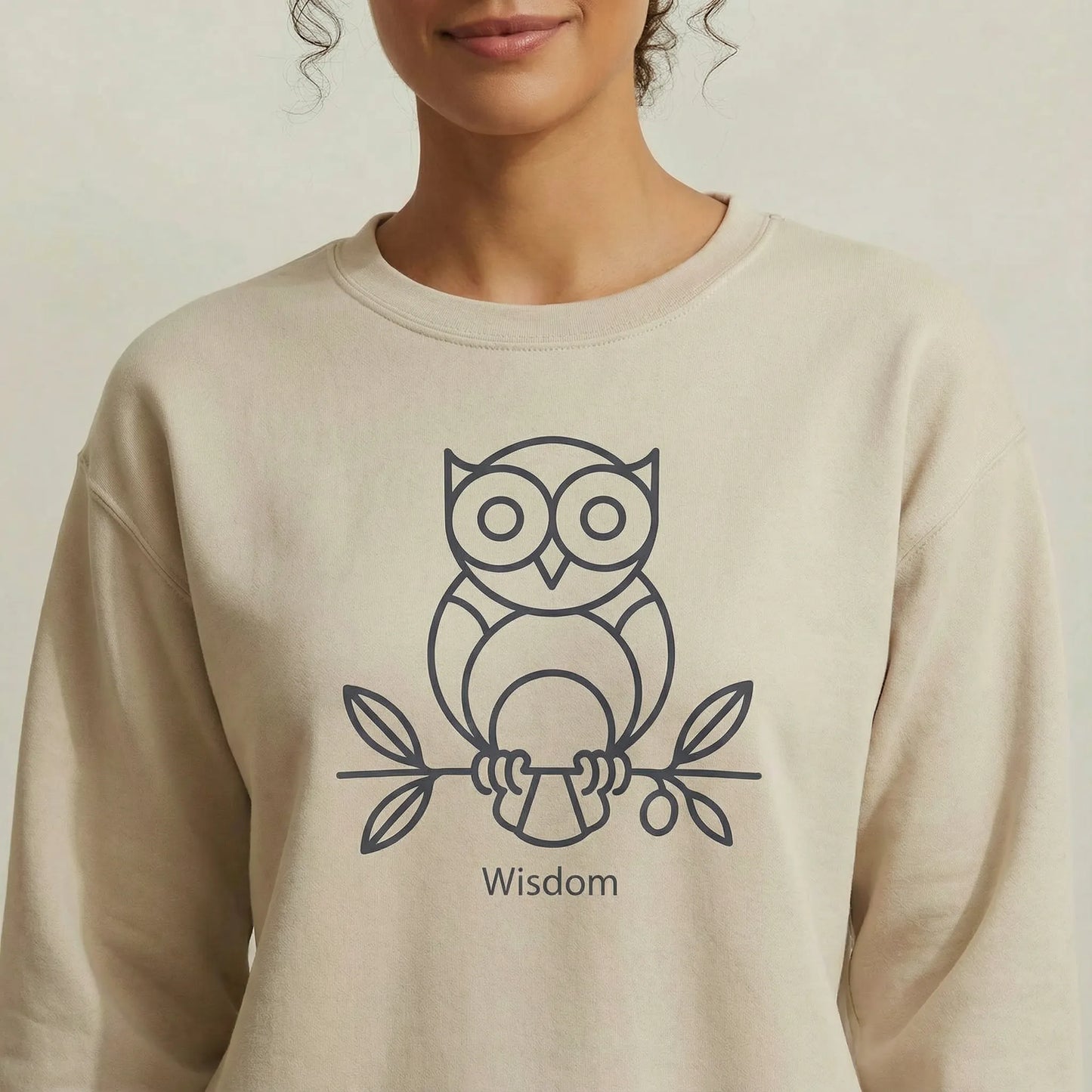 Upper-torso detail of Owl ‘Wisdom’ sweatshirt highlighting collar and chest artwork