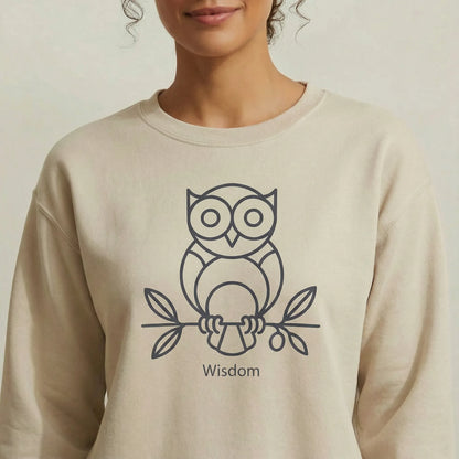 Upper-torso detail of Owl ‘Wisdom’ sweatshirt highlighting collar and chest artwork