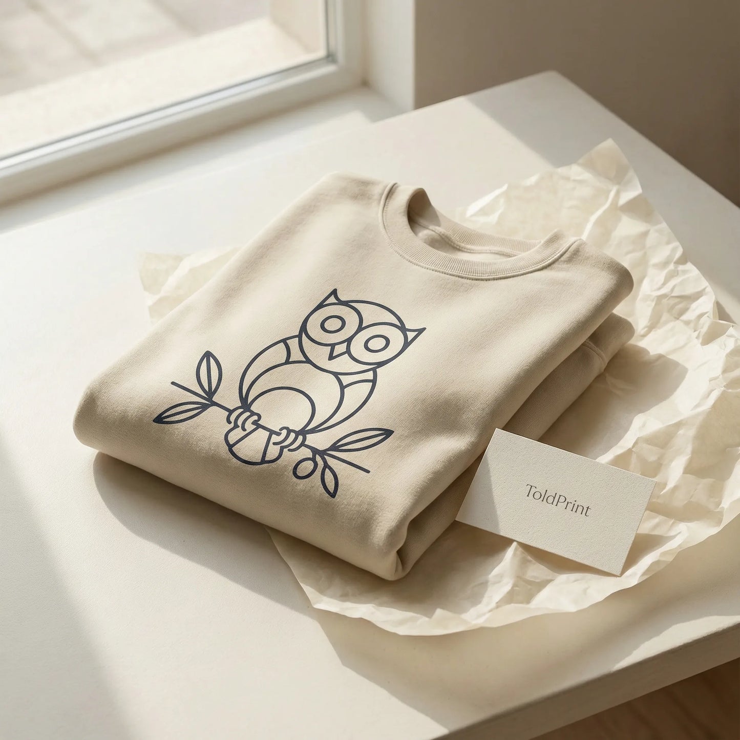 Packaging shot of folded Owl ‘Wisdom’ sweatshirt with minimal ToldPrint card and tissue paper