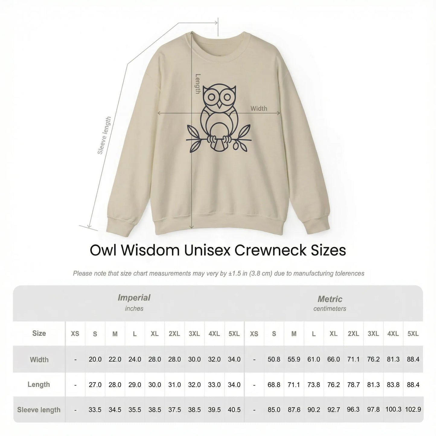 Size Chart of Owl ‘Wisdom’ sweatshirt 