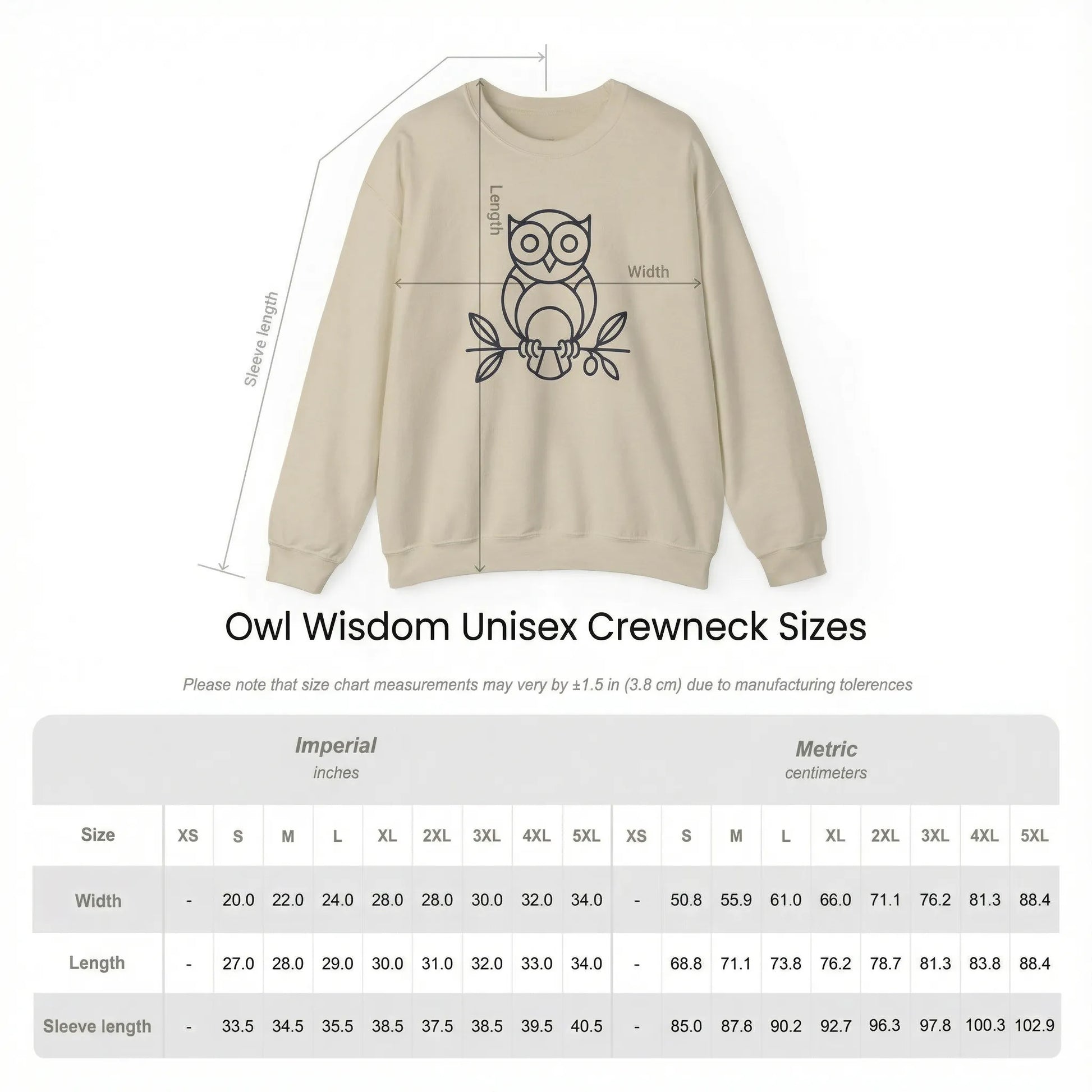 Size Chart of Owl ‘Wisdom’ sweatshirt 