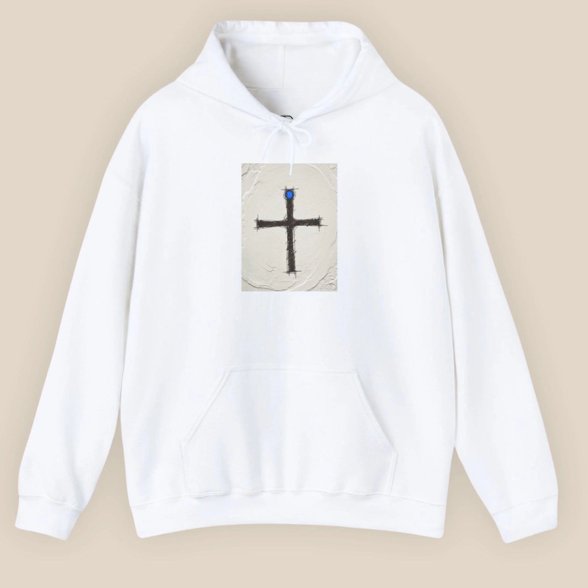 Flat lay of Pomos Idol hoodie in White showing front rectangular artwork