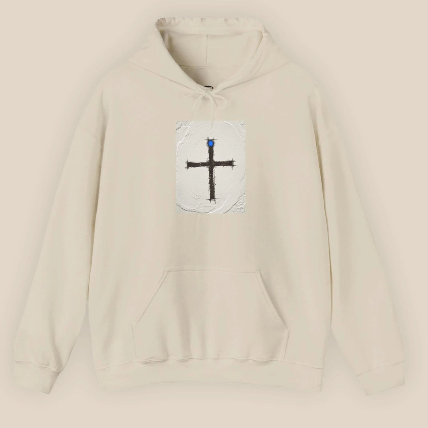 Flat lay of Pomos Idol hoodie in Sand showing front rectangular artwork