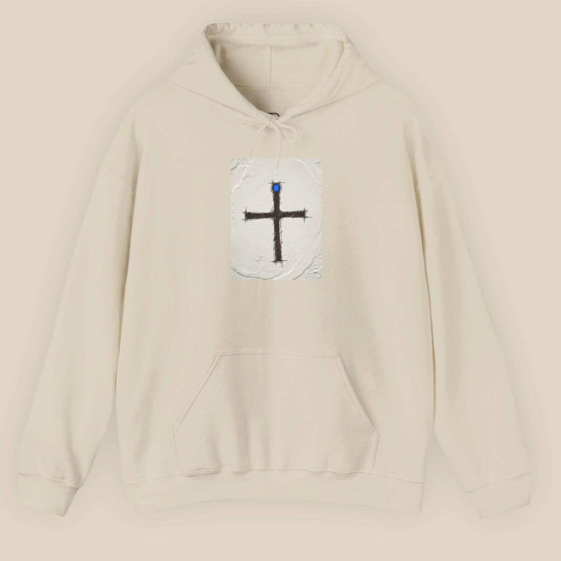 Flat lay of Pomos Idol hoodie in Sand showing front rectangular artwork