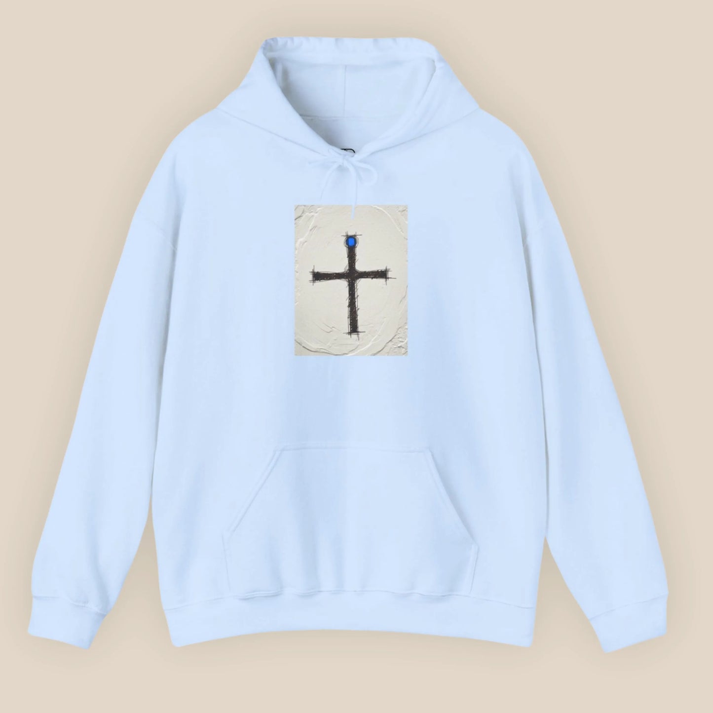 Flat lay of Pomos Idol hoodie in Light Blue showing front rectangular artwork