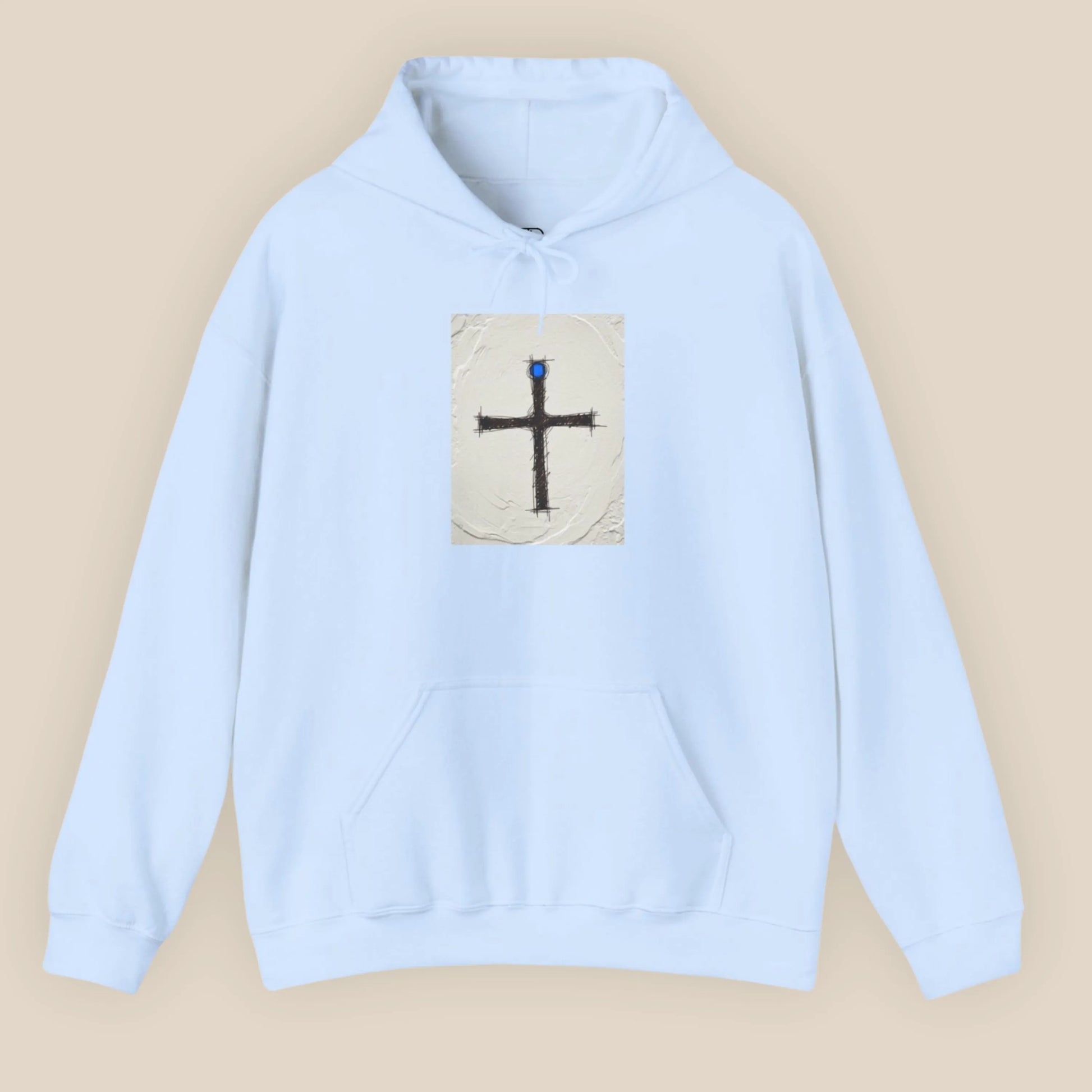 Flat lay of Pomos Idol hoodie in Light Blue showing front rectangular artwork