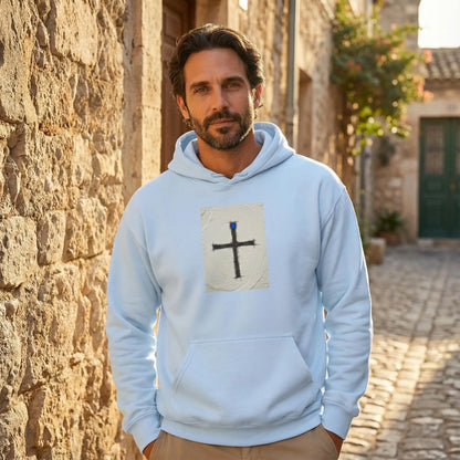 Light Blue Pomos Idol hoodie worn in Mediterranean old town setting