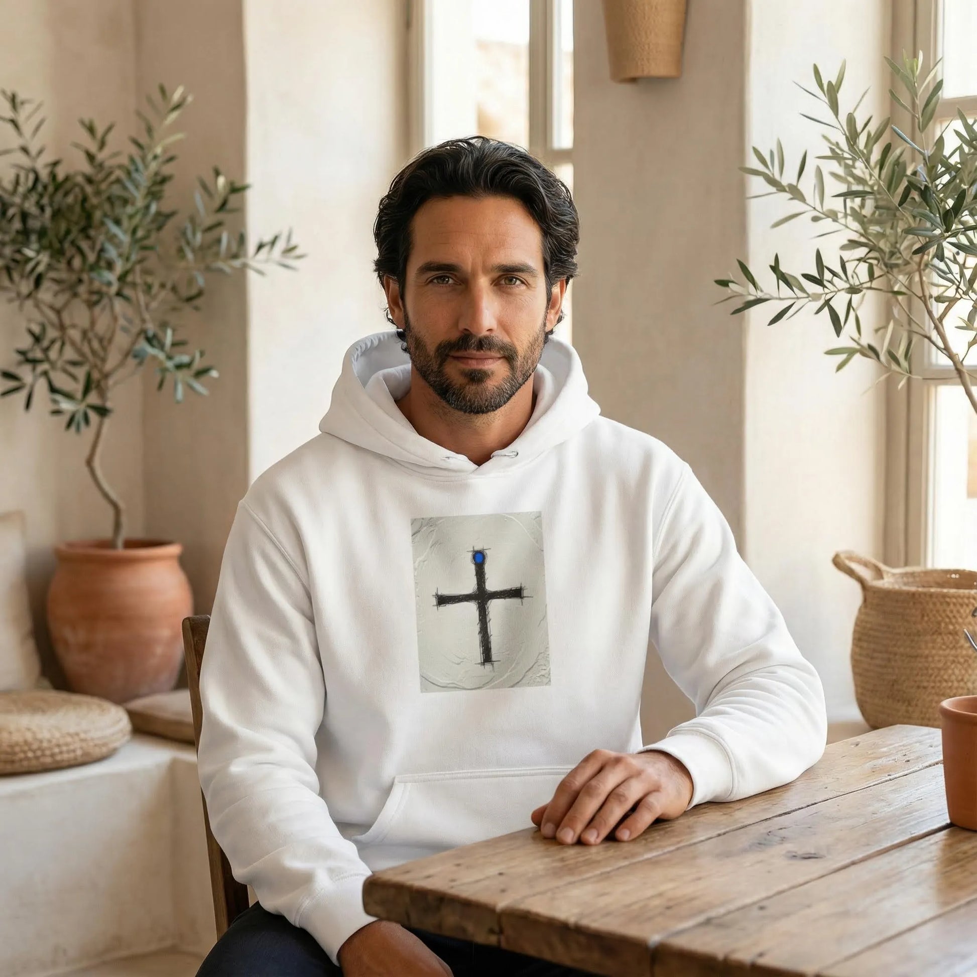 White Pomos Idol hoodie in calm café lifestyle scene