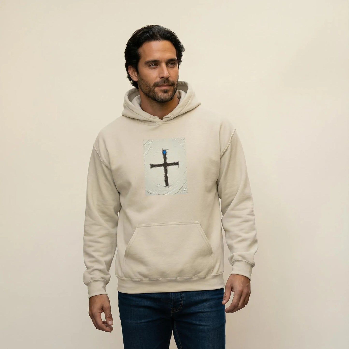 TP:HERO Front view of Pomos Idol unisex hoodie in Sand with Cypriot folklore artwork