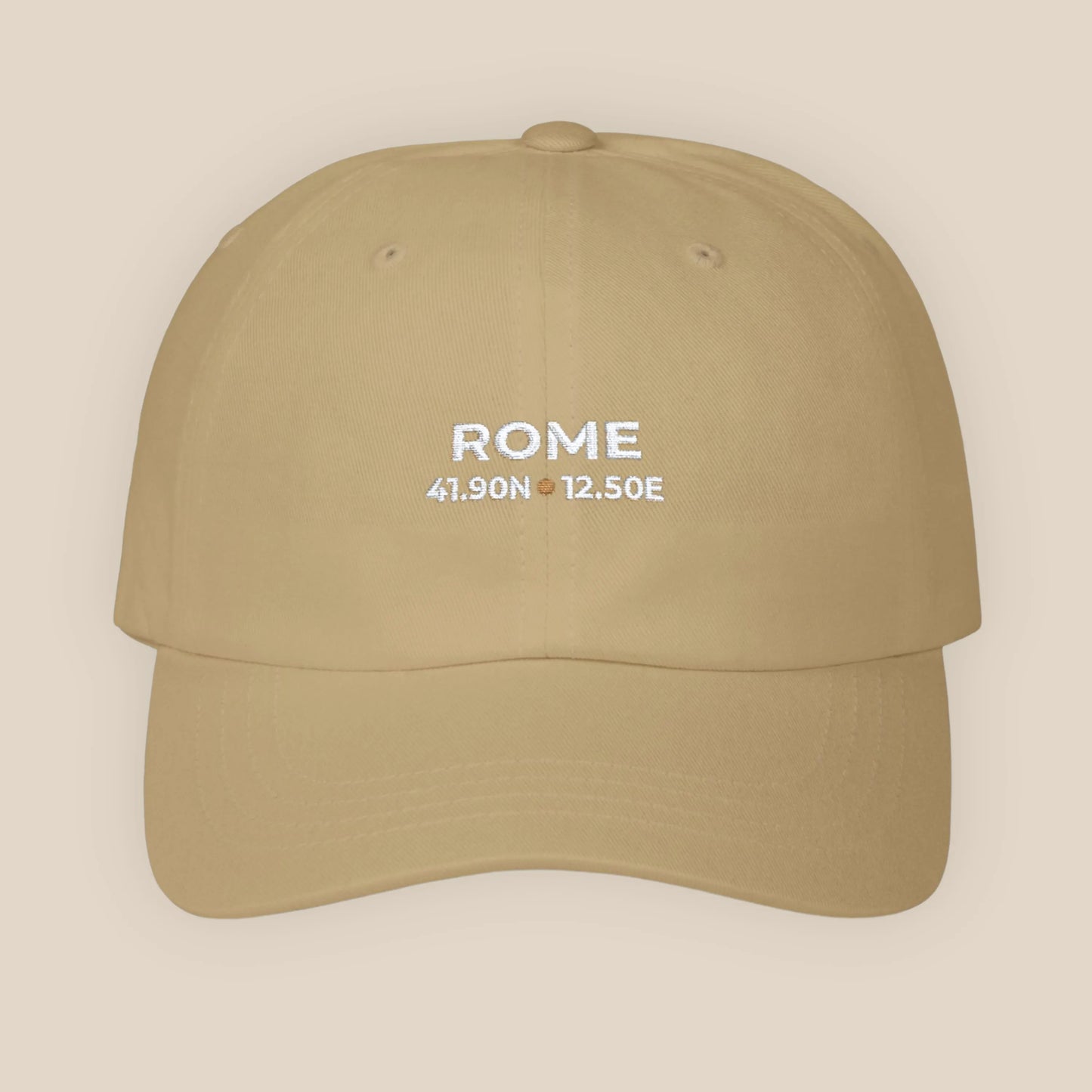 Khaki cap with 'ROME' and coordinates printed on a beige background