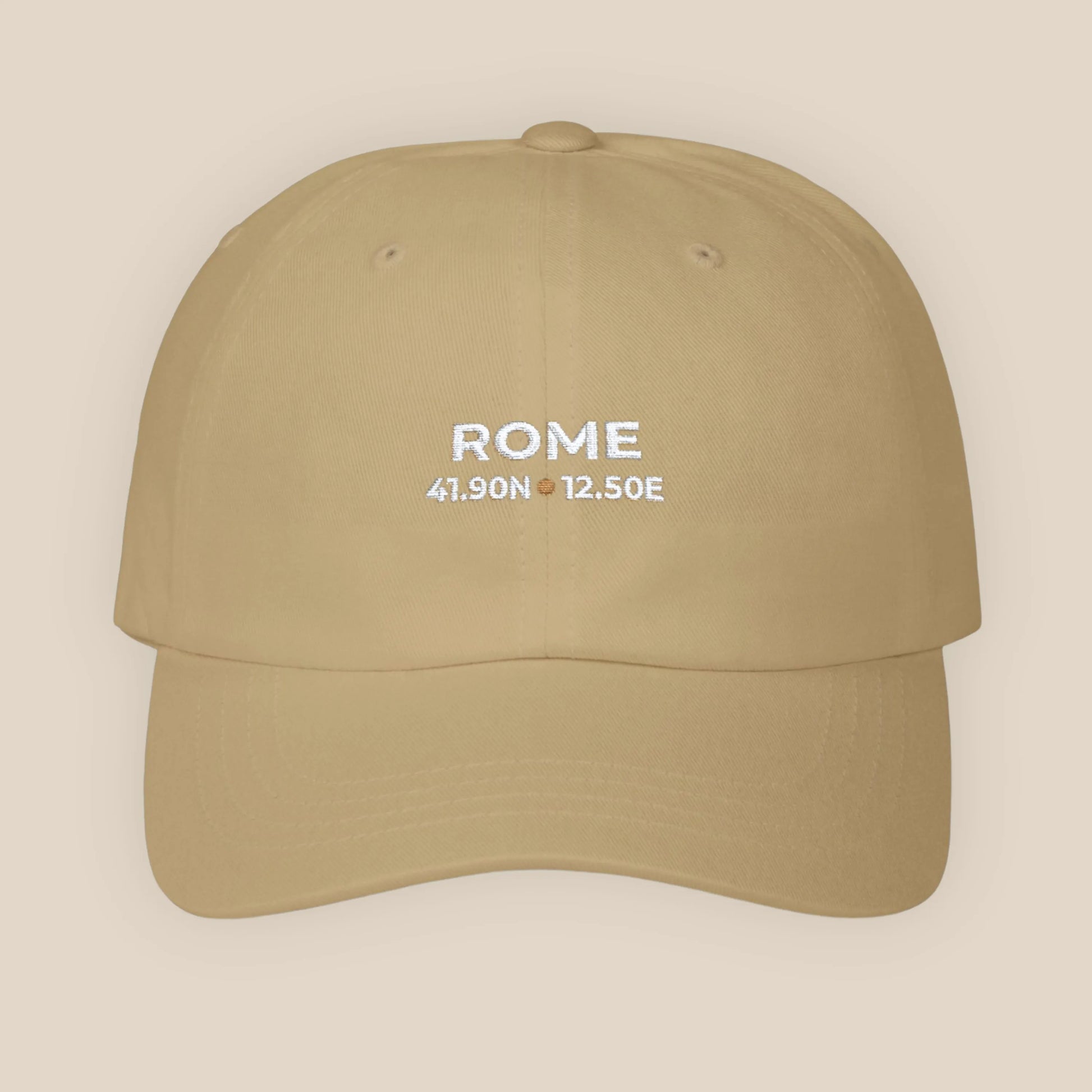 Khaki cap with 'ROME' and coordinates printed on a beige background