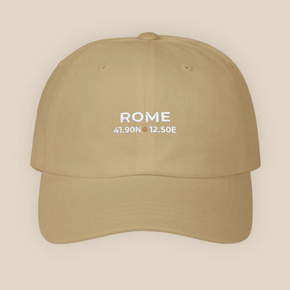 Khaki cap with 'ROME' and coordinates printed on a beige background