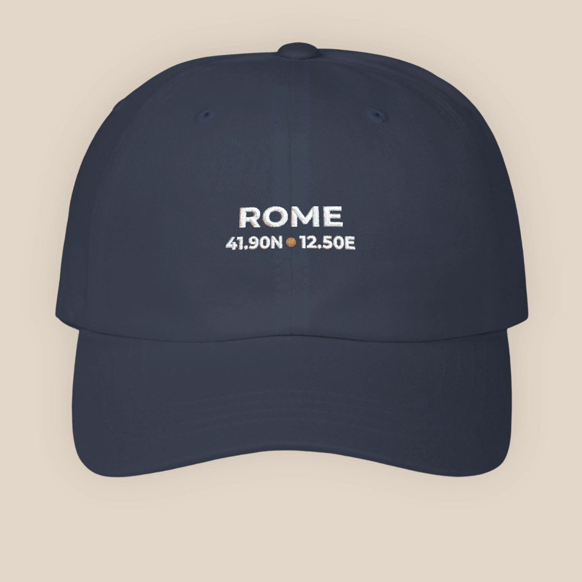 Navy blue cap with 'ROME' and coordinates on a beige background
