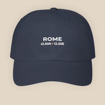Navy blue cap with 'ROME' and coordinates on a beige background