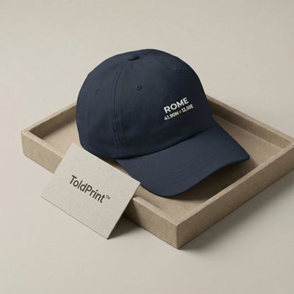 Navy blue cap with 'ROME' text on a beige tray, featuring ToldPrint branding.