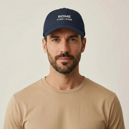 TP:HERO Rome coordinates embroidered dad cap worn by male model, front studio view