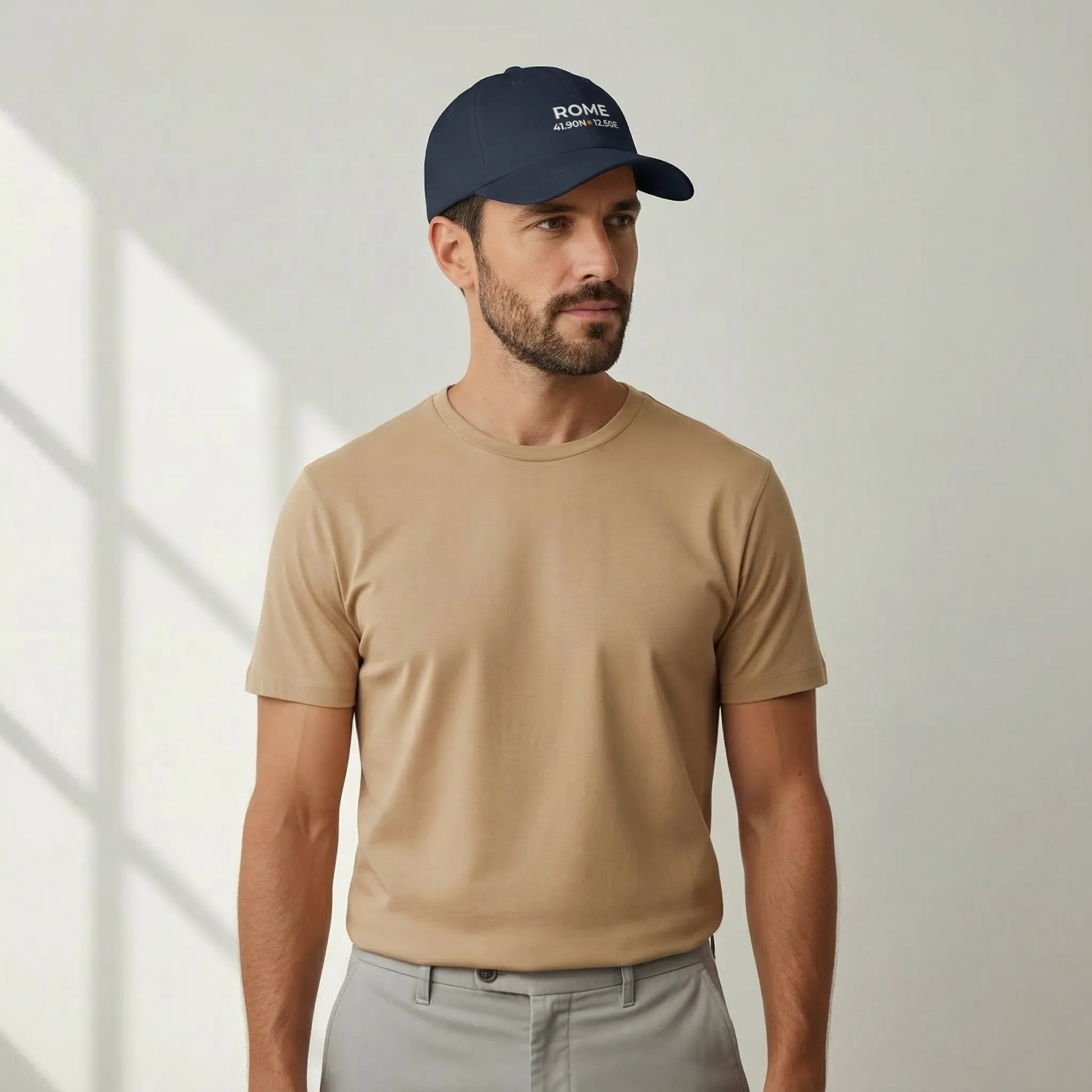 Rome coordinates dad cap embroidery detail, three-quarter studio angle