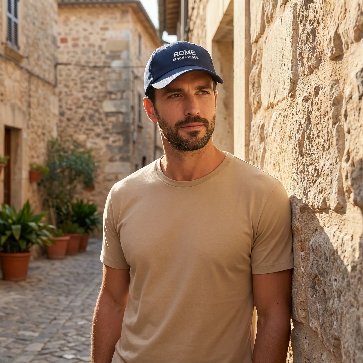 Rome coordinates embroidered dad cap worn outdoors in Mediterranean street setting