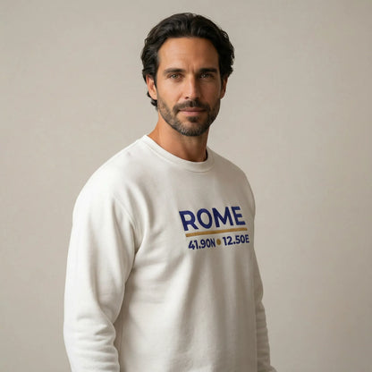 Rome coordinates embroidered sweatshirt on male model, three-quarter studio angle