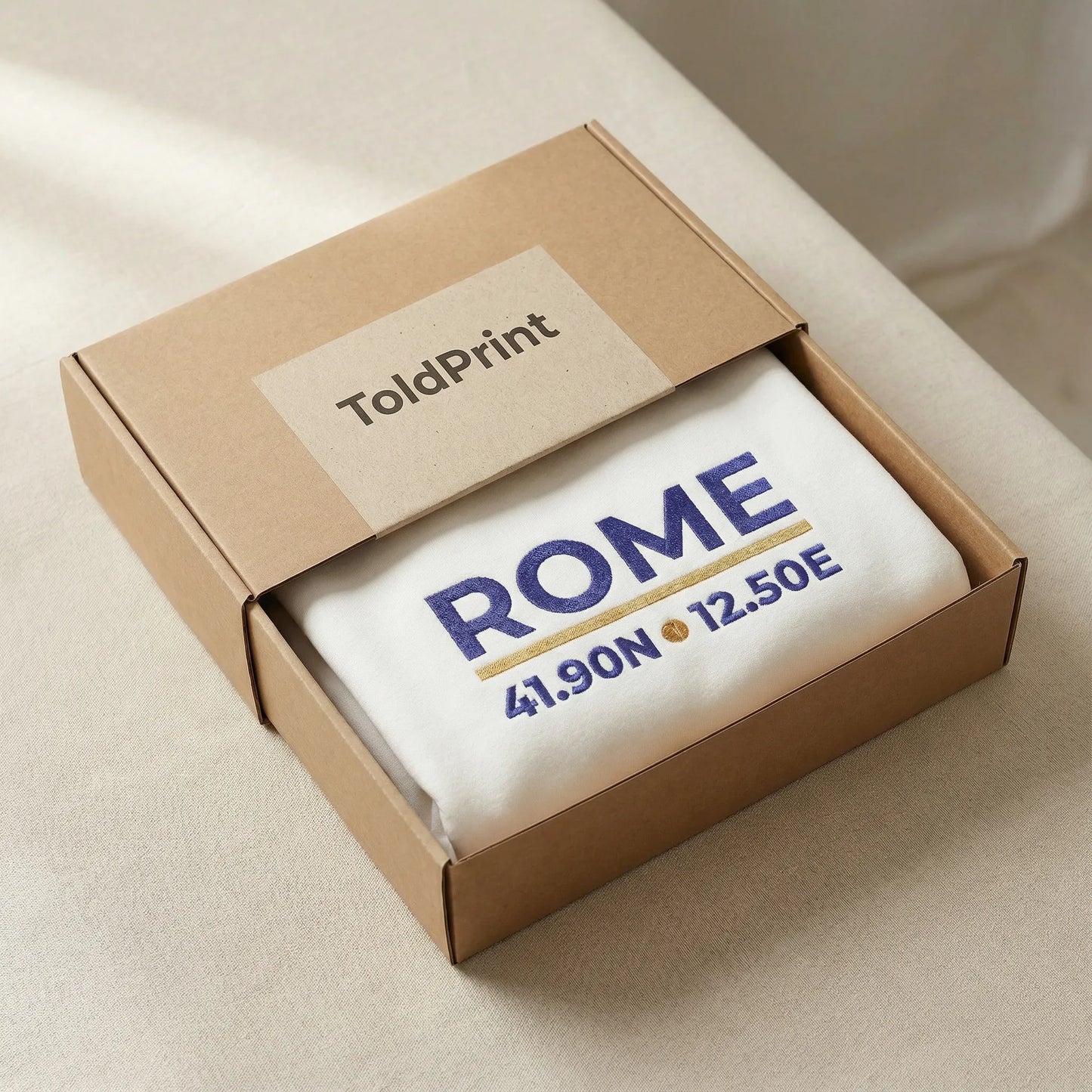 Rome coordinates embroidered sweatshirt folded in kraft packaging with ToldPrint label