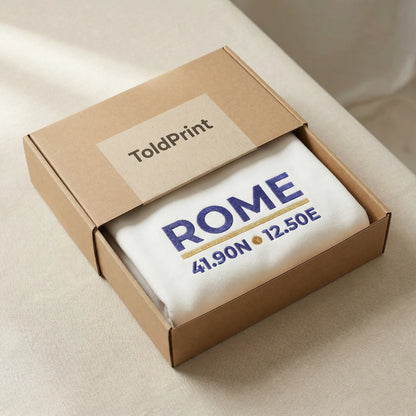 Rome coordinates embroidered sweatshirt folded in kraft packaging with ToldPrint label