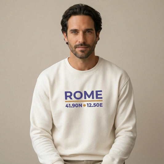 TP:HERO Rome coordinates embroidered sweatshirt worn by male model, front view, studio background