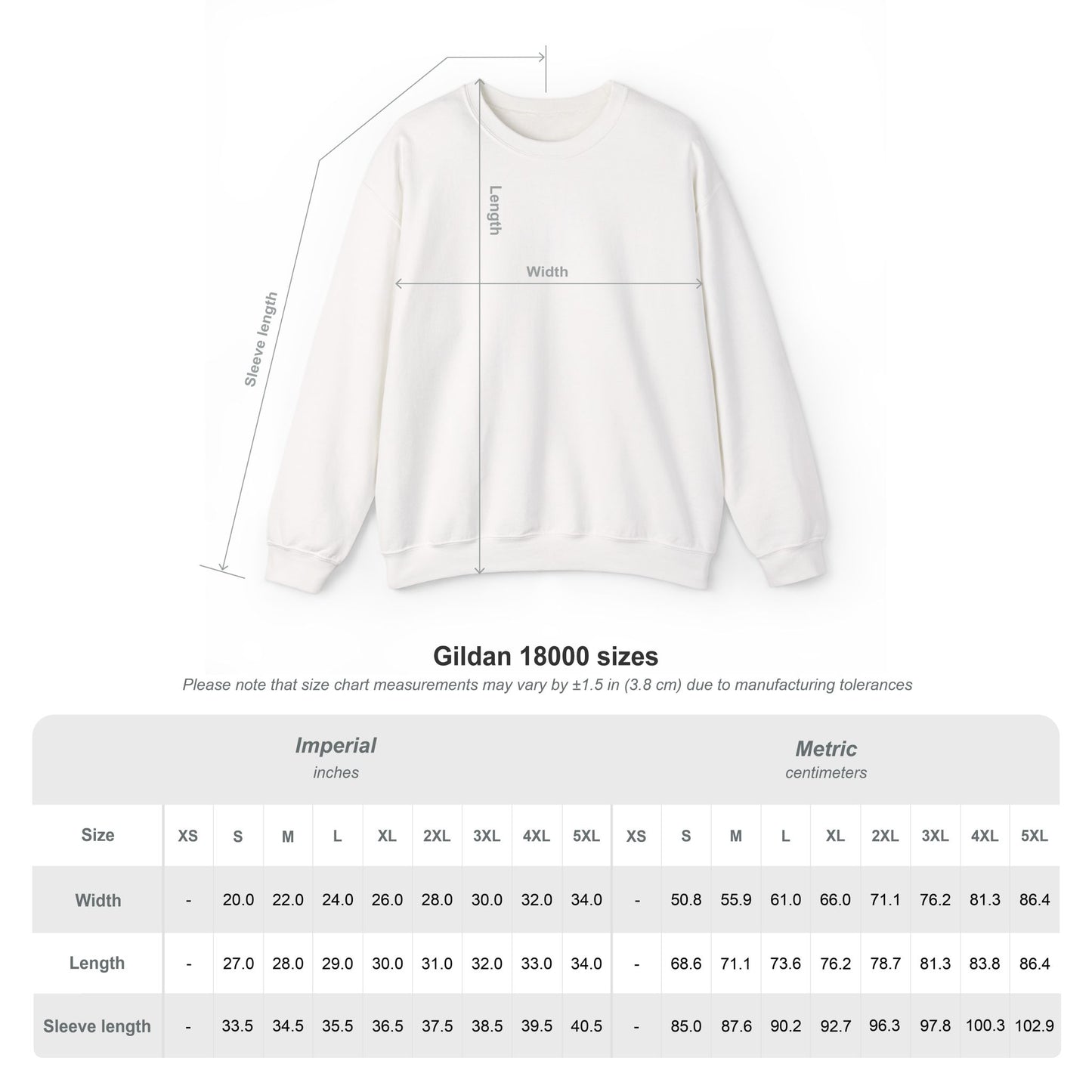 Coordinates embroidered sweatshirt size chart with measurements in centimeters and inches