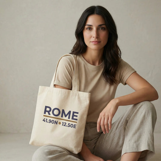 TP:HERO Rome coordinates tote bag studio lifestyle minimalist