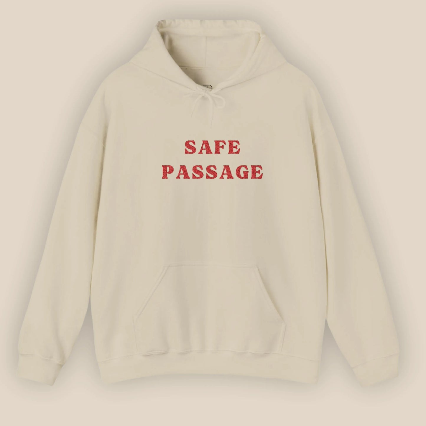 Flat lay of Safe Passage unisex hoodie showing full front embroidered slogan