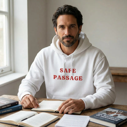Safe Passage hoodie worn indoors while reading and reflecting on solidarity themes