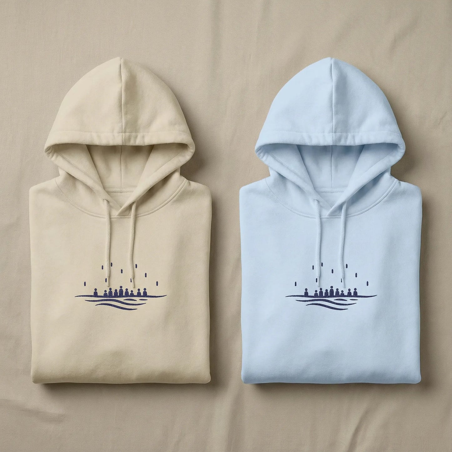 Sea Crossing hoodie colour options shown together in sand and light blue with matching navy chest embroidery.