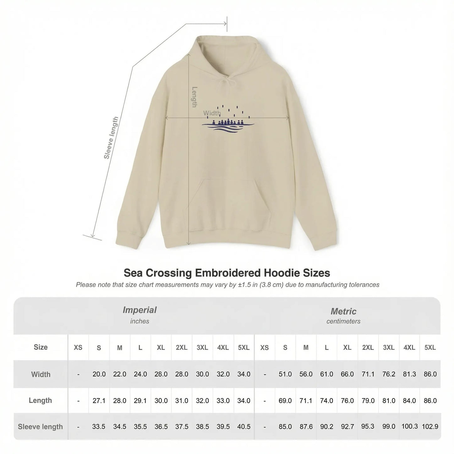 Size chart of the sand Sea Crossing hoodie, showing hoodie sizes