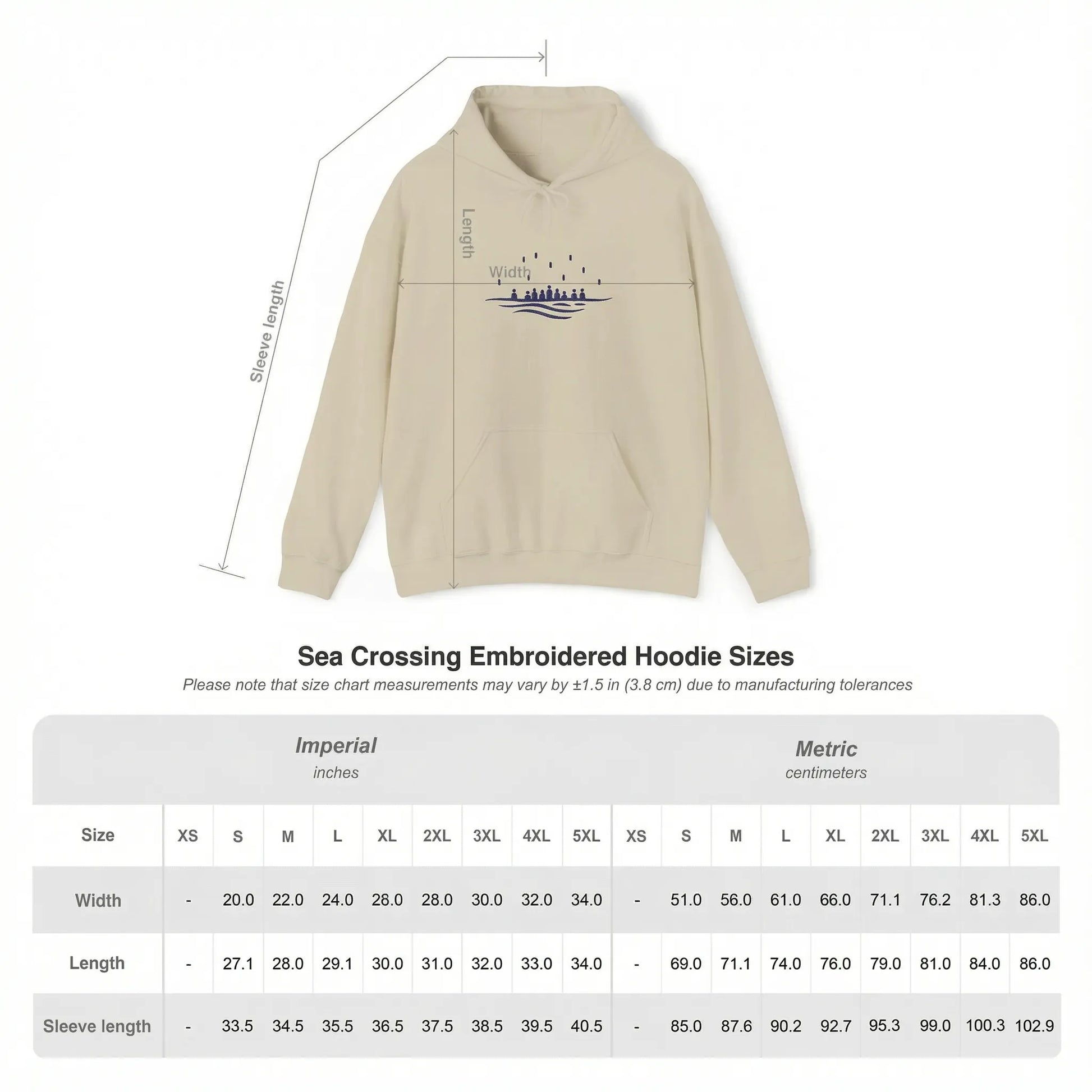 Size chart of the sand Sea Crossing hoodie, showing hoodie sizes