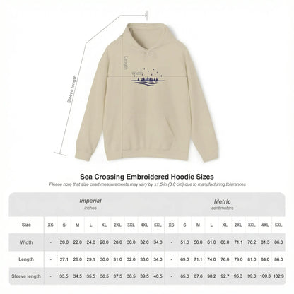 Size chart of the sand Sea Crossing hoodie, showing hoodie sizes