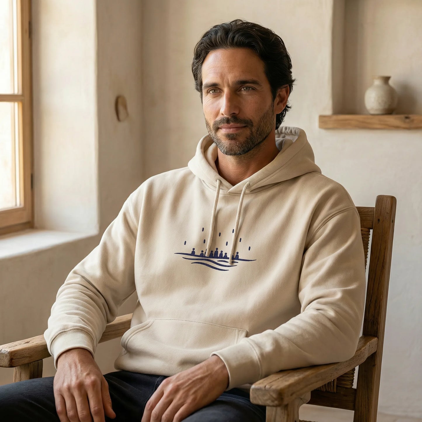 Indoor lifestyle shot of model wearing sand Sea Crossing hoodie with navy chest embroidery in a calm interior.