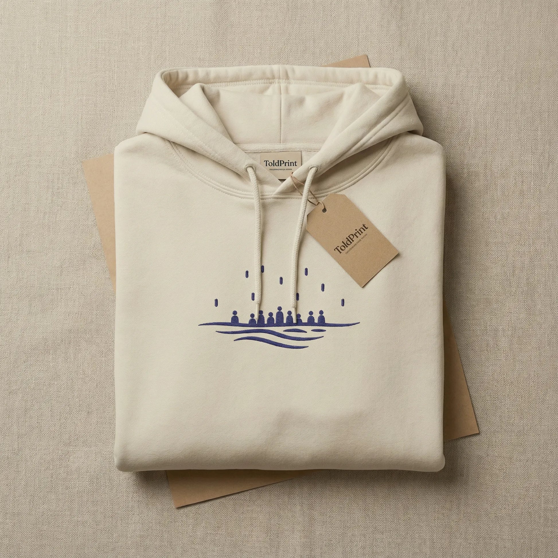 Folded sand Sea Crossing hoodie with ToldPrint label and navy embroidery visible on the top fold.