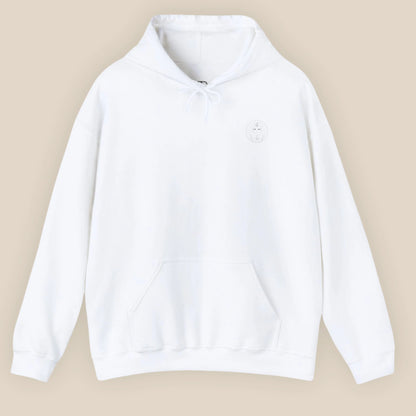 Flat lay of white Sphinx graphic hoodie showing chest Sphinx badge on neutral background