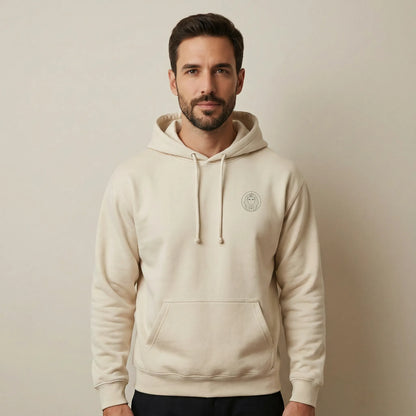 TP:HERO Front view of sand Sphinx hoodie showing small monoline Sphinx chest emblem and kangaroo pocket