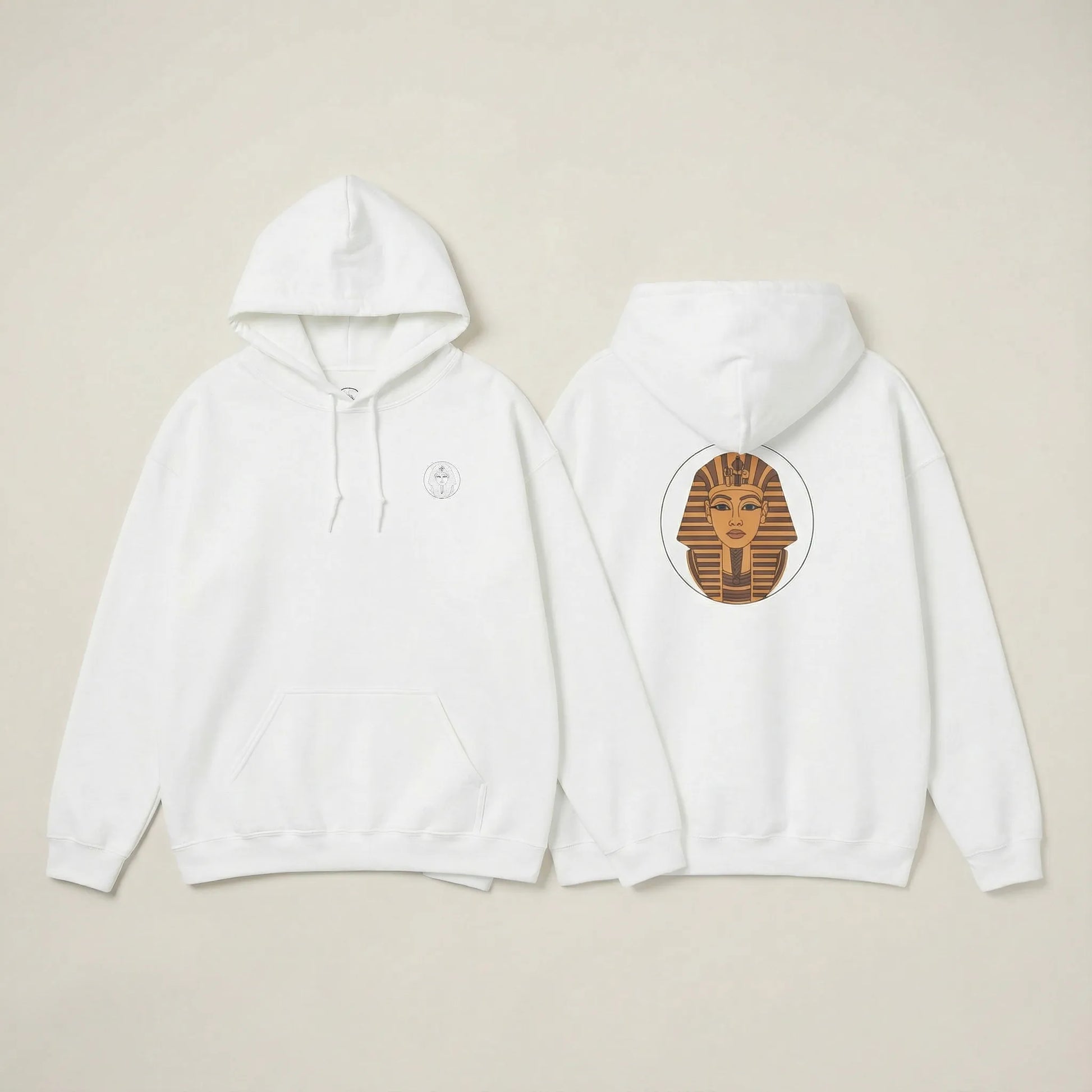 White Sphinx hoodie in flat lay showing front chest emblem and back Sphinx print side by side