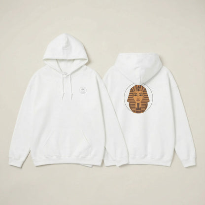 White Sphinx hoodie in flat lay showing front chest emblem and back Sphinx print side by side