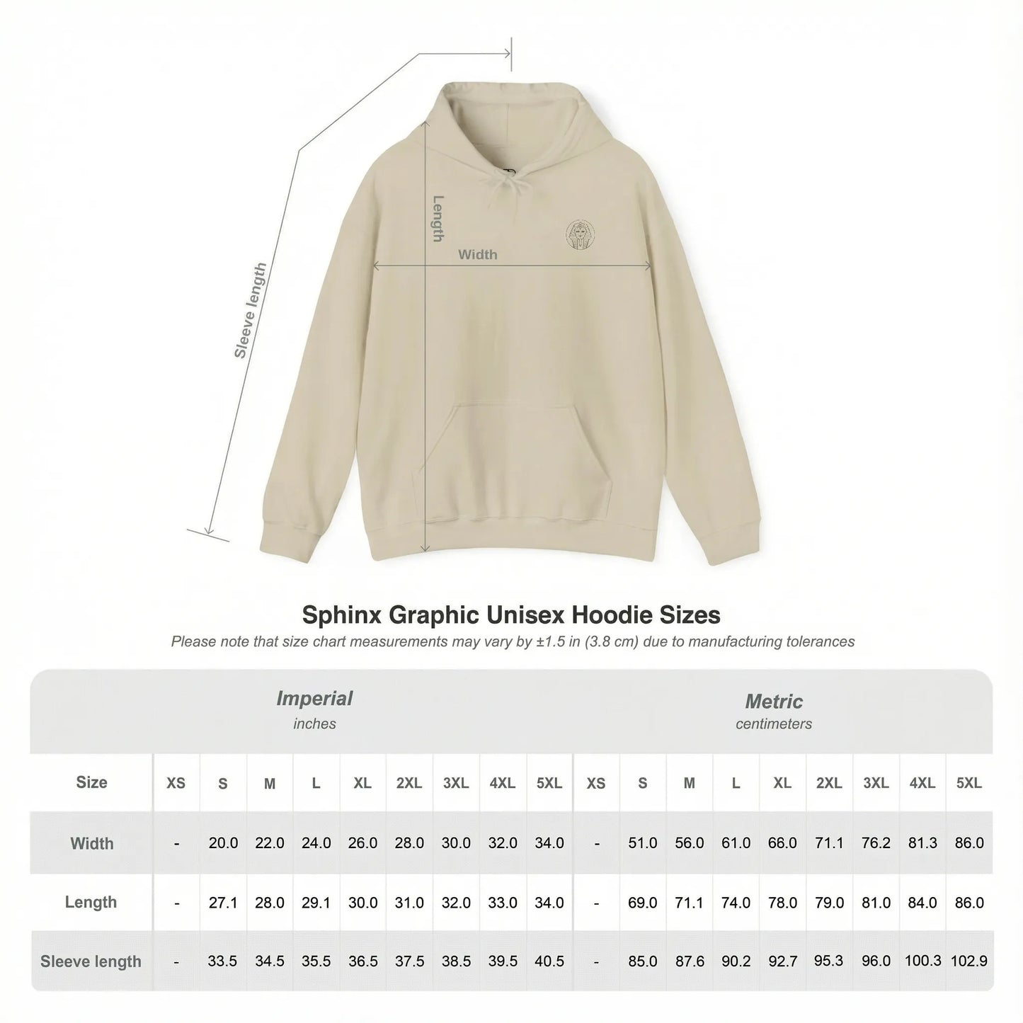 Size Chart of Sphinx graphic print on hoodie fabric
