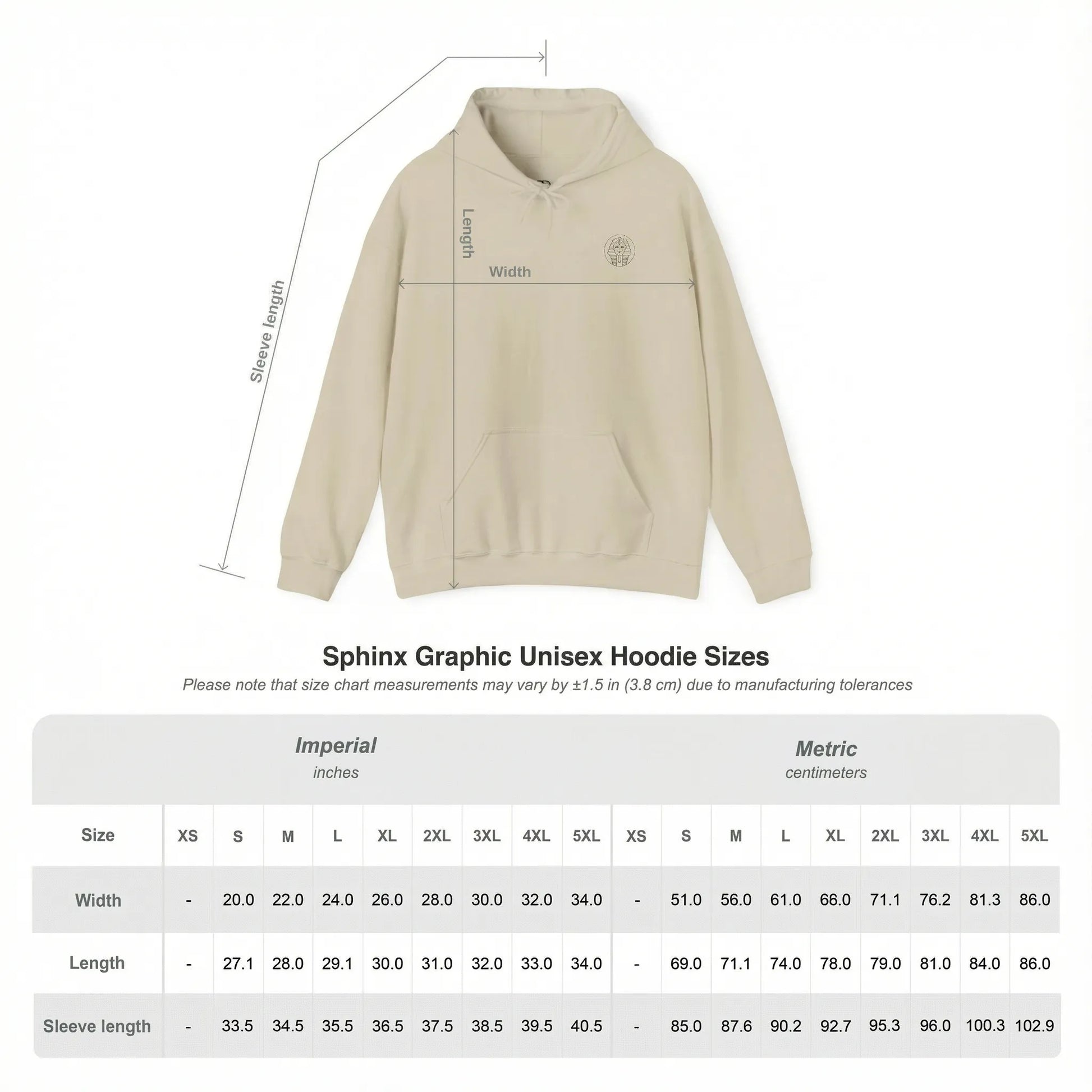 Size Chart of Sphinx graphic print on hoodie fabric