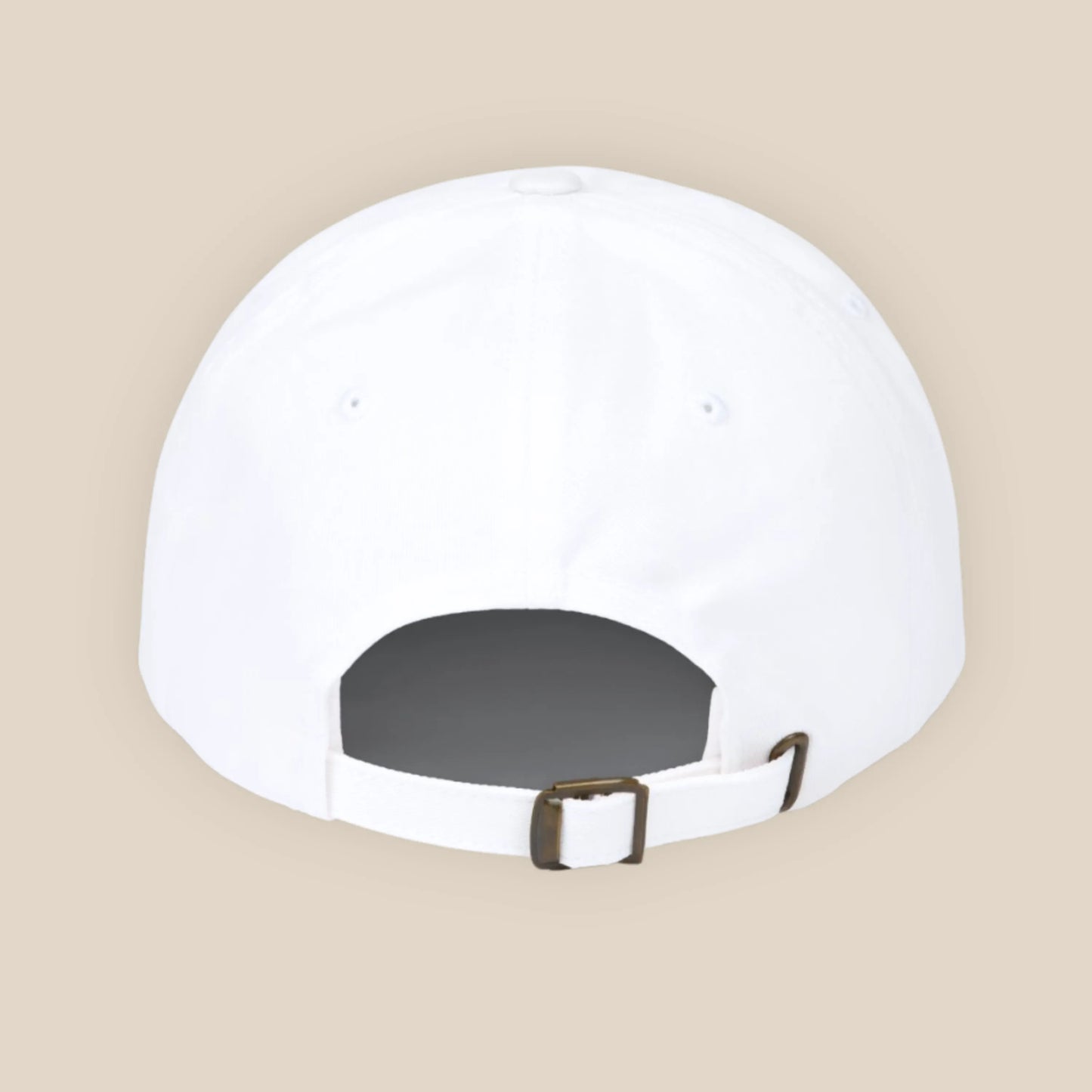 Back detail of white dad cap with adjustable strap and metal buckle, clean studio close-up