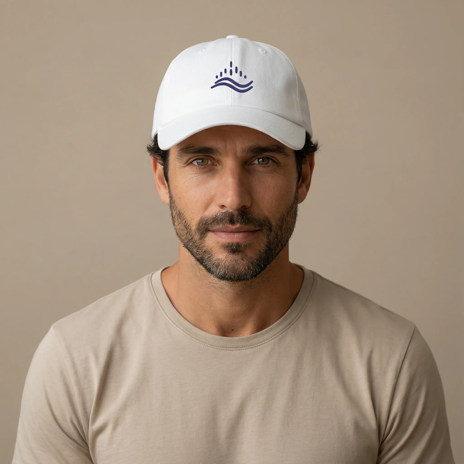 TP:HERO Front view of white cotton dad cap on model, minimal navy wave embroidery, clean studio e-commerce image.
