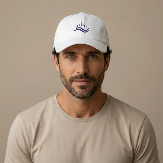 TP:HERO Front view of white cotton dad cap on model, minimal navy wave embroidery, clean studio e-commerce image.
