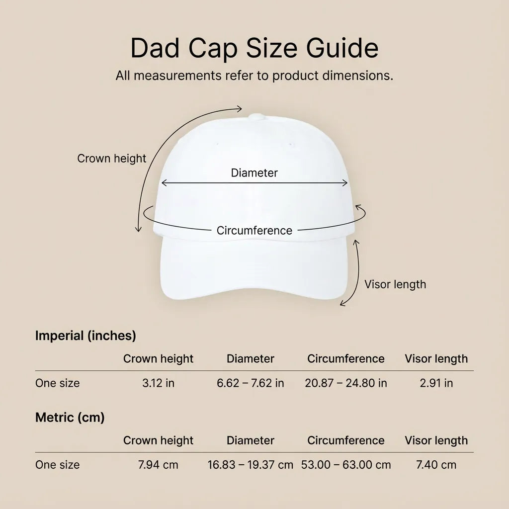 Dad Cap size guide chart with measurements (crown height, diameter, circumference, visor length) in inches and centimeters for one-size embroidered cotton cap.