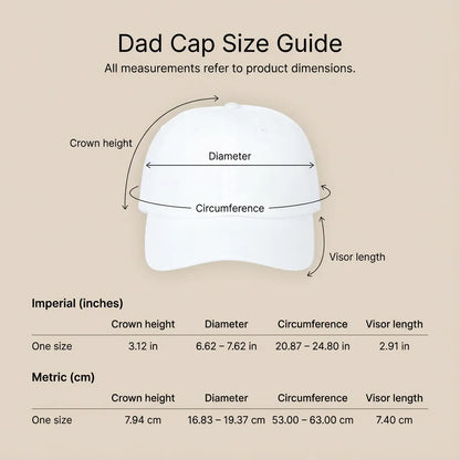 Dad Cap size guide chart with measurements (crown height, diameter, circumference, visor length) in inches and centimeters for one-size embroidered cotton cap.