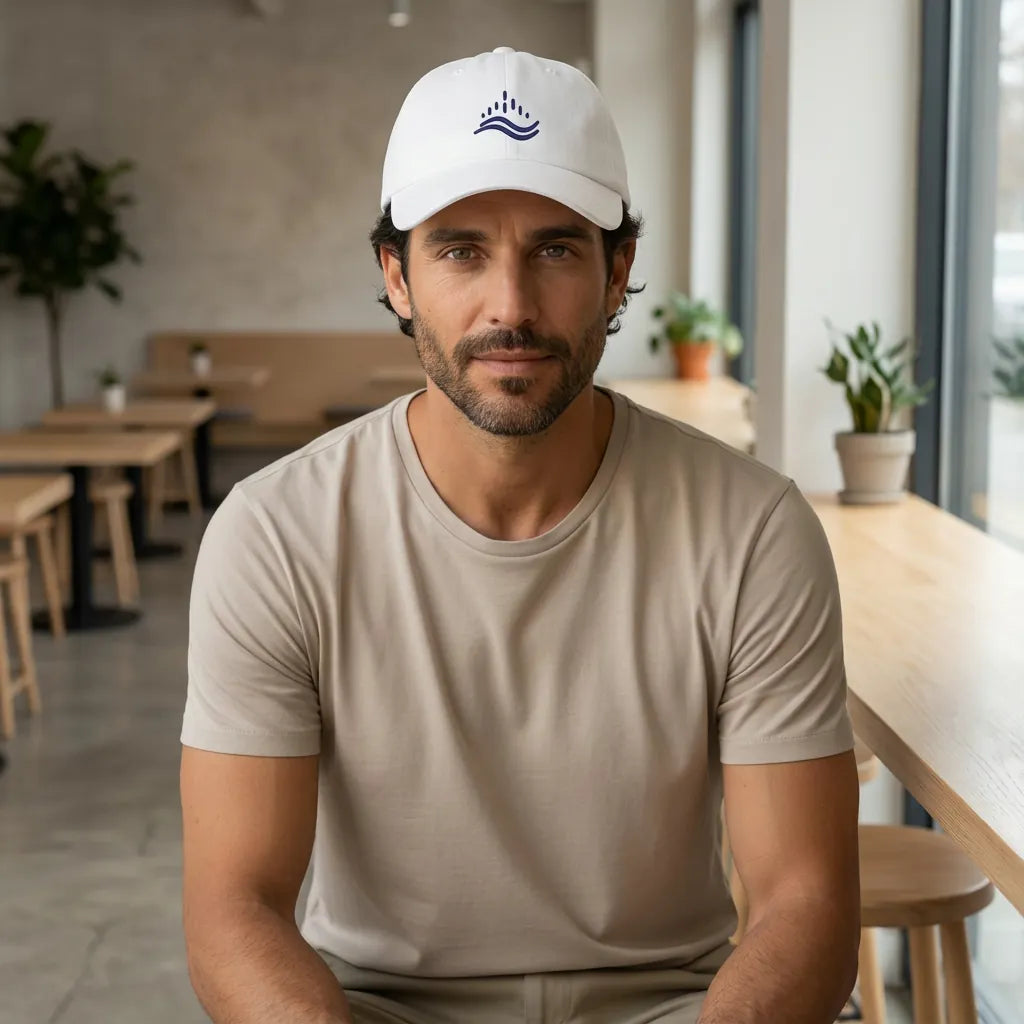 White embroidered dad cap worn indoors at a minimal café, calm everyday styling, navy wave motif visible.