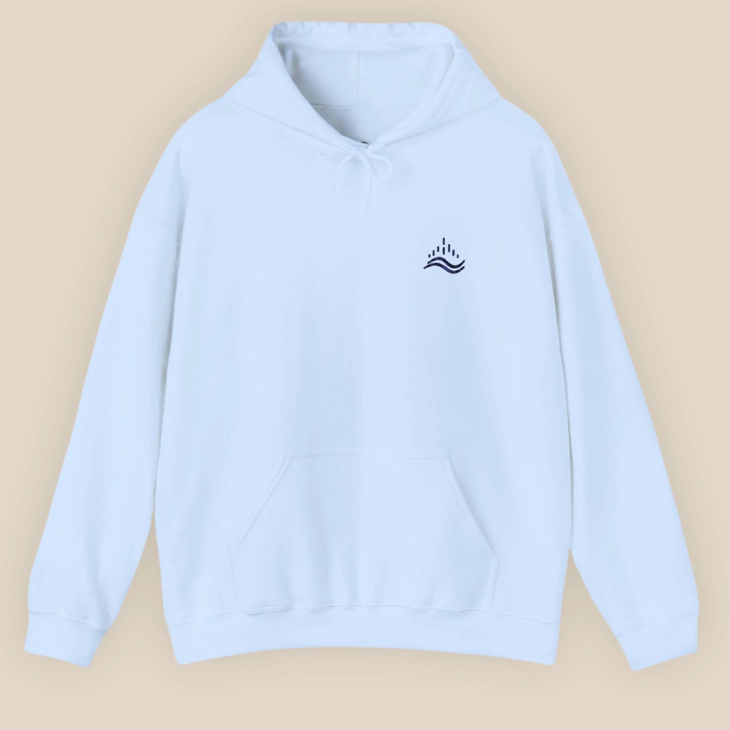 Light blue unisex hoodie with small navy waves emblem embroidered on the left chest, photographed front view in a beige background